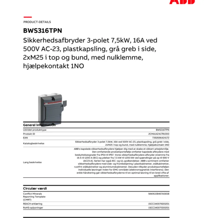 Sale BWS sikkerhedsafbryder, 3P, 1NO, 16A Industrimateriel|Sikkerhedsafbrydere & Nødstop