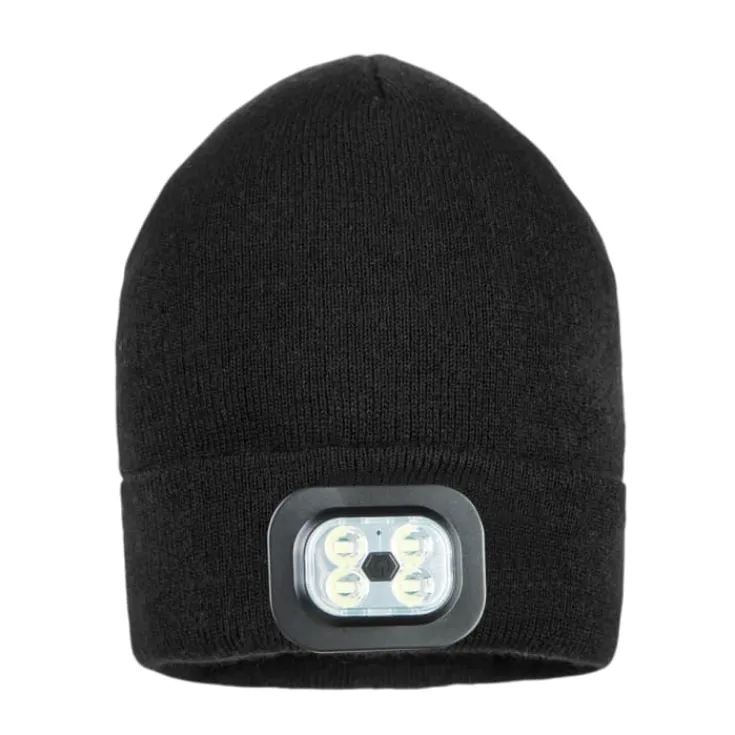 Outlet beanie, med lys, sort Hovedbeklædning
