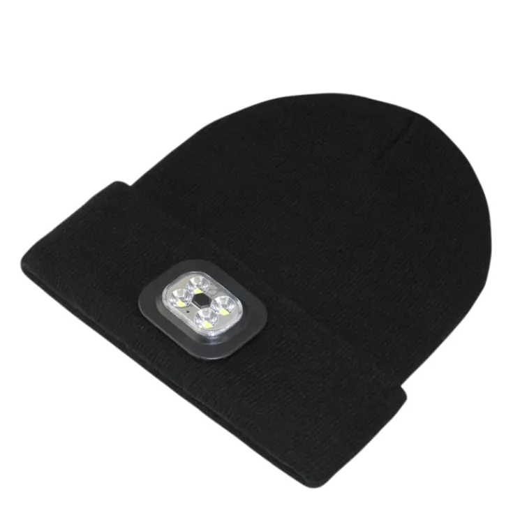 Outlet beanie, med lys, sort Hovedbeklædning