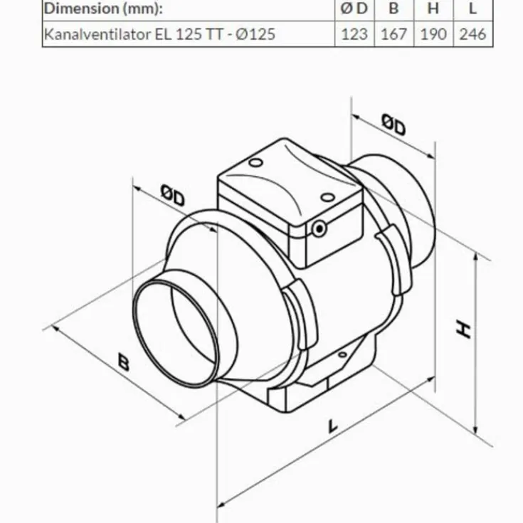 Clearance EL125TT kanalventilator, Ø125 mm, hvid Duka|Badeværelsesventilatorer