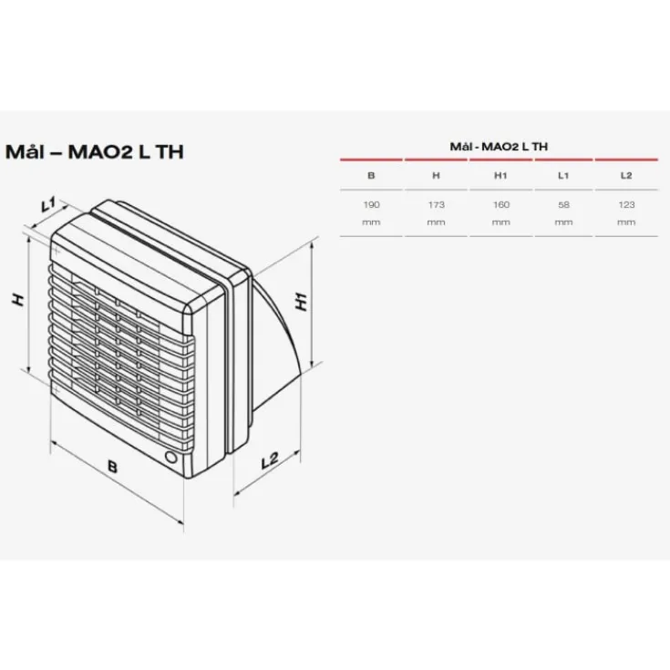 MAO2 L TH badventilator, fugtstyring, timer, Ø125 mm, hvid Duka|Badeværelsesventilatorer