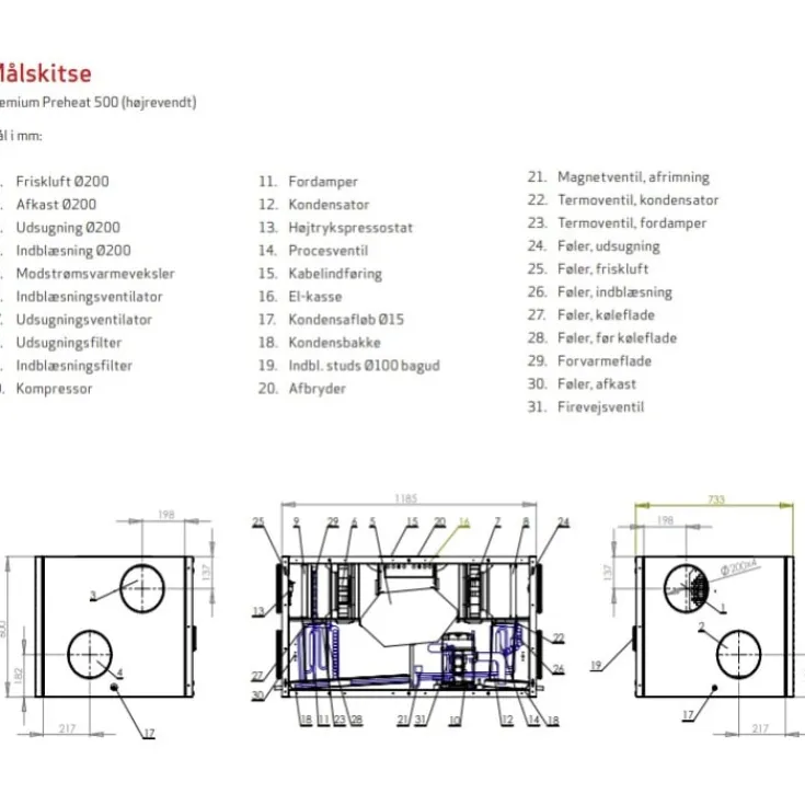 Premium Preheat 500 R ventilationsanlæg med varmepumpe, Ø200 mm Varmegenvinding