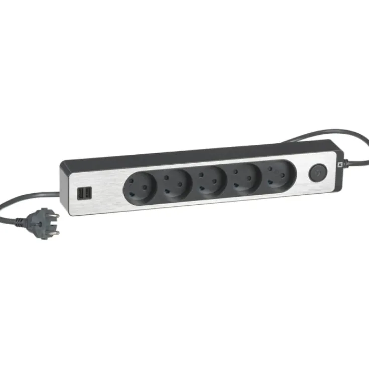 New LK Fuga Design stikdåse 5 udtag, m/ledning + 2 USB, Stikdåser