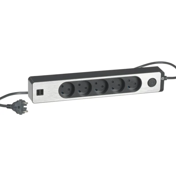 New LK Fuga Design stikdåse 5 udtag, m/ledning + 2 USB, Stikdåser