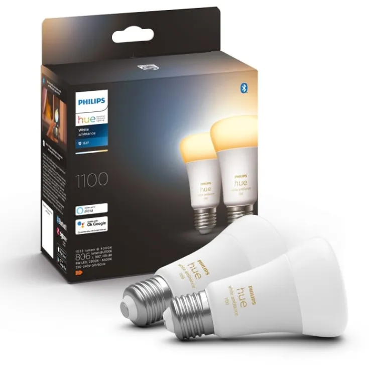 White Ambiance E27 standardpære, 2200K-6500K, 8W, 2-pak Lyskilder|Philips Hue