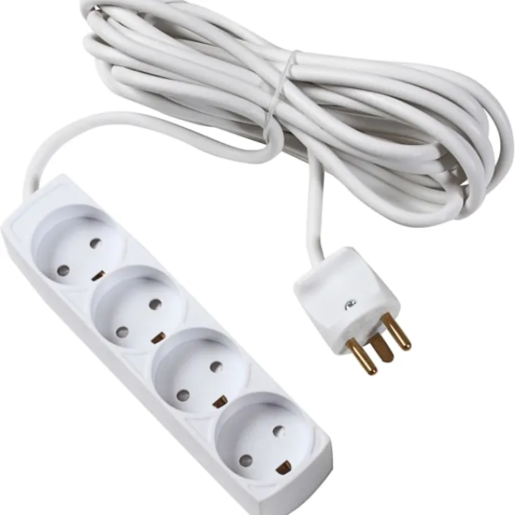 Outlet Stikdåse med 4 udtag, jord, 5 meter, hvid Stikdåser