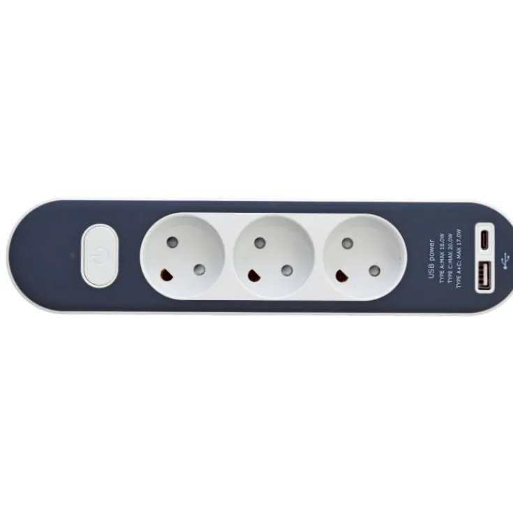 Sale Stikdåse med 3 udtag, med afbryder, uden jord, USB-A+C, 1,4 meter Stikdåser