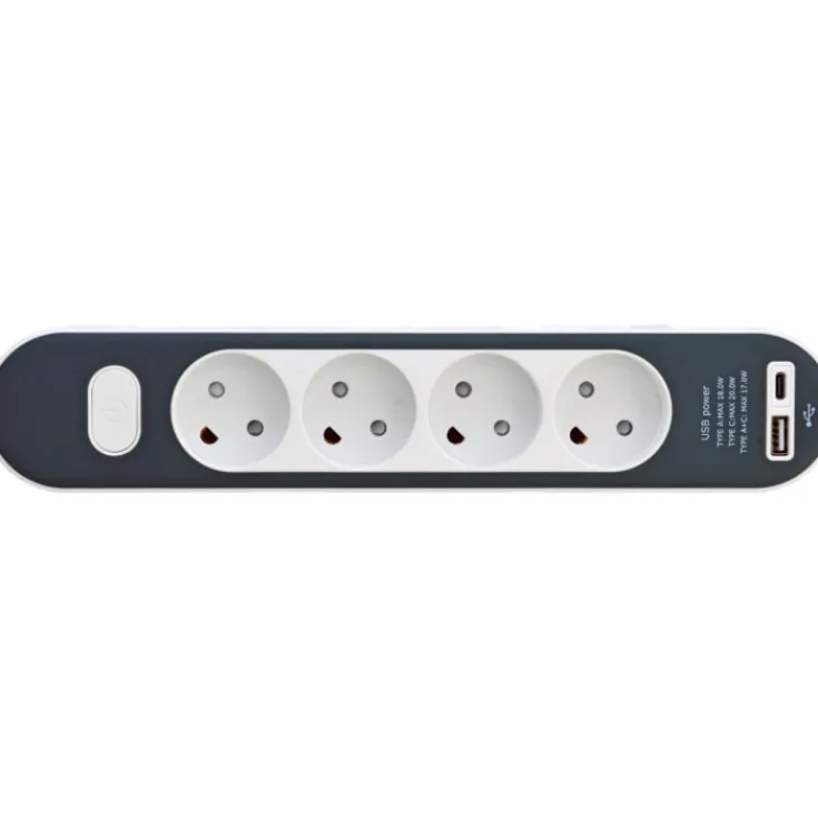 Clearance Stikdåse med 4 udtag, med afbryder, med jord, USB-A+C, 1,4 meter Stikdåser