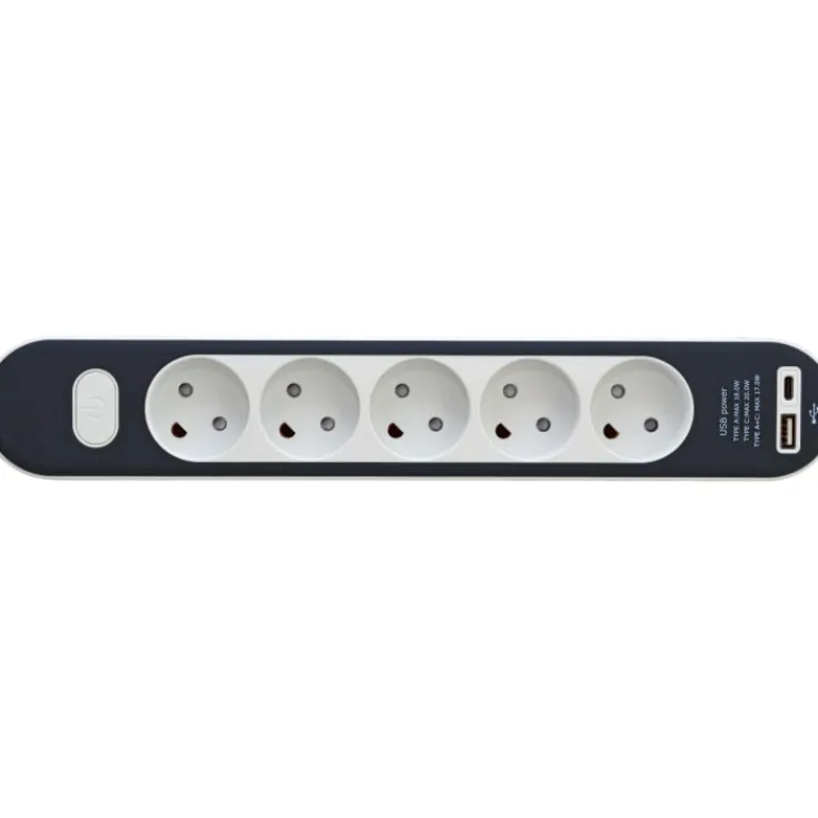 Discount Stikdåse med 5 udtag, med afbryder, uden jord, USB-A+C, 1,4 meter Stikdåser